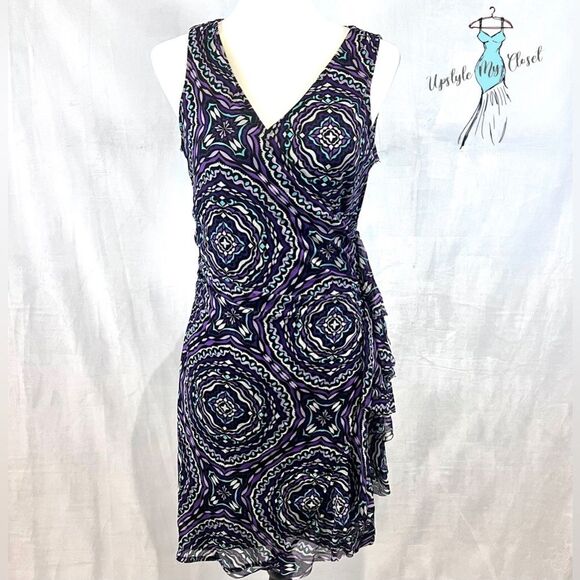 New York & Company Stretch purple and aqua abstract print dress size medium - Picture 1 of 6